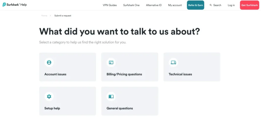 Surfsharkのお問い合わせ画面