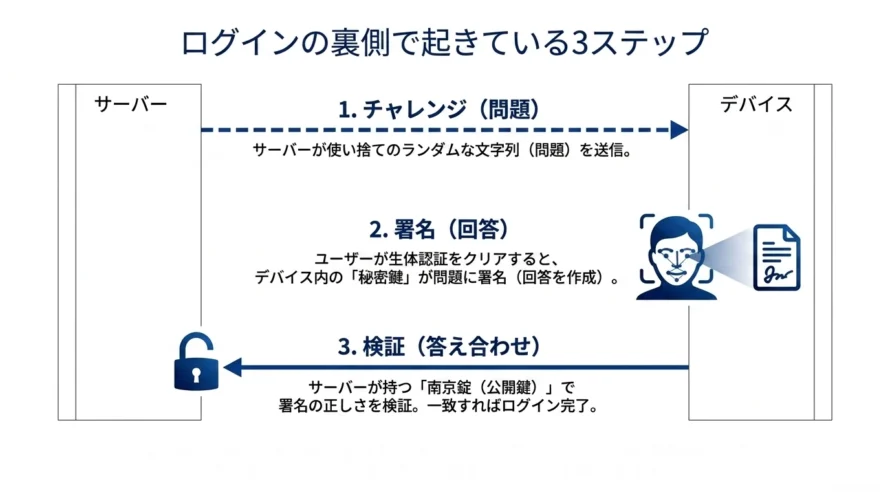 パスキー認証の仕組みを3ステップで図解した画像